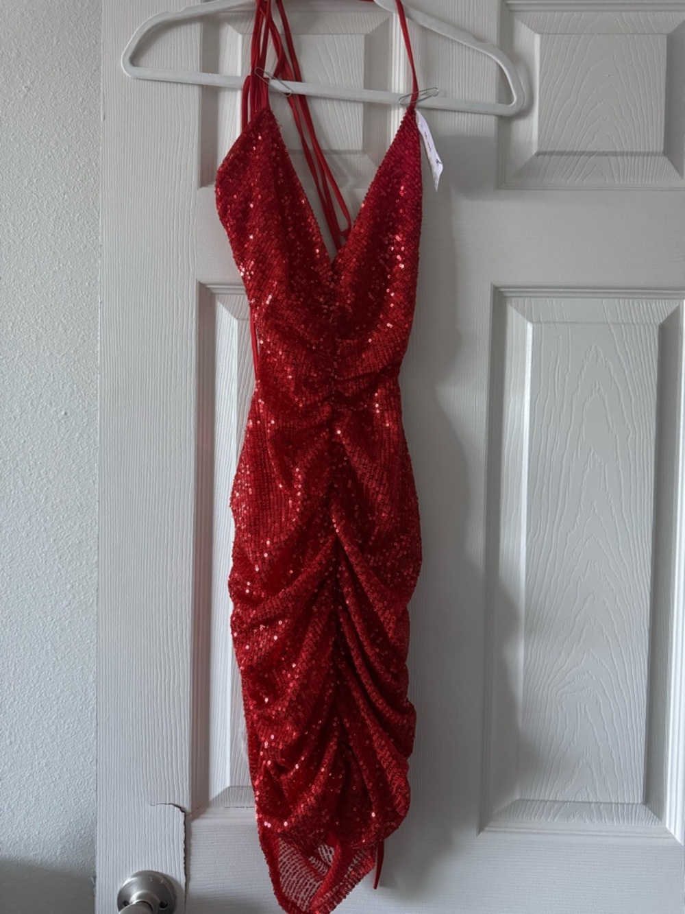 Sabora Red Sequin Ruched Halter Mini Dress
